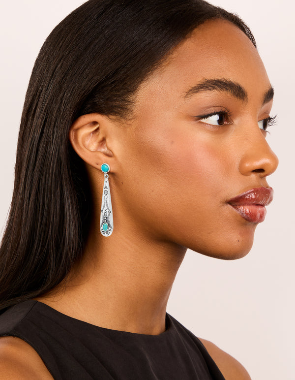 Antique Silver Turquoise Stone Thin Celestial Pattern Drop Earrings