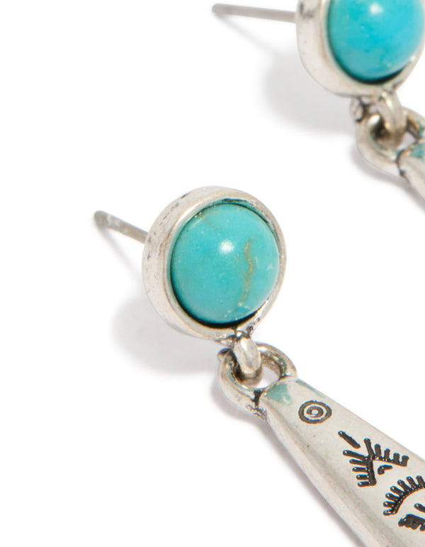 Antique Silver Turquoise Stone Thin Celestial Pattern Drop Earrings