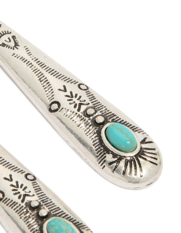 Antique Silver Turquoise Stone Thin Celestial Pattern Drop Earrings