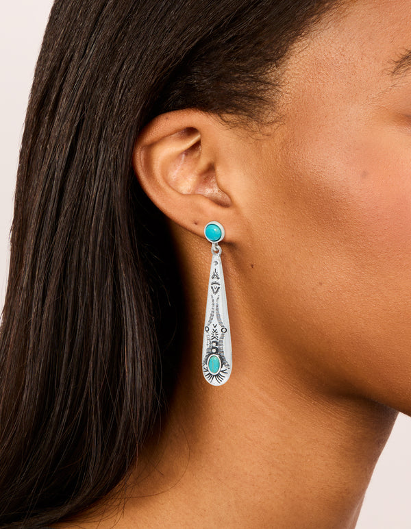 Antique Silver Turquoise Stone Thin Celestial Pattern Drop Earrings