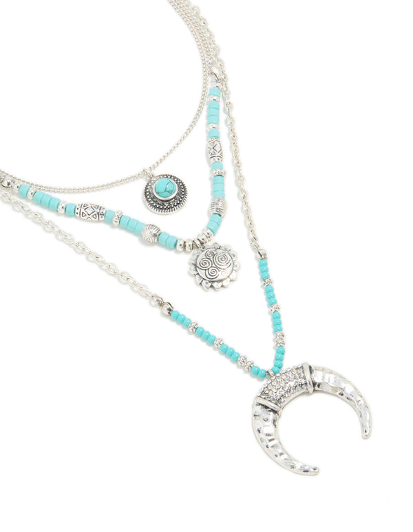 Antique Silver Turquoise Beaded Chain Pendant Layered Necklace