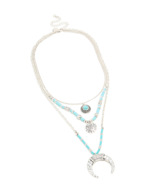 Antique Silver Turquoise Beaded Chain Pendant Layered Necklace