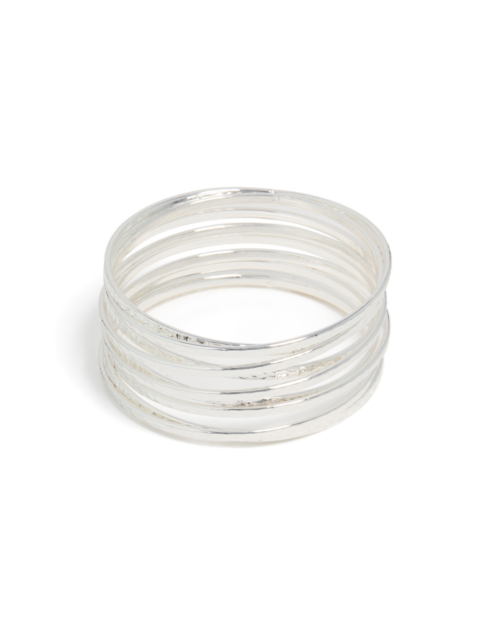 Discover this silver bangles pack designed with a multi-layered stacking style front view