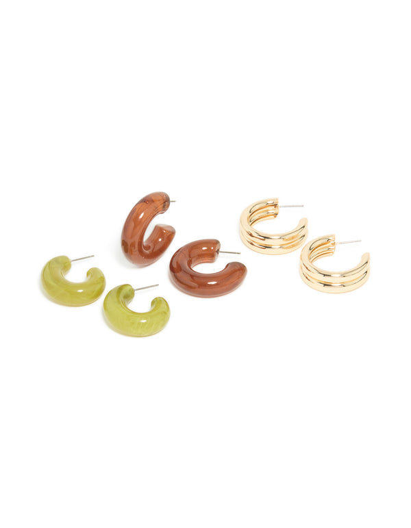 Gold Green & Brown Enamel Open Hoop Earrings 3-Pack