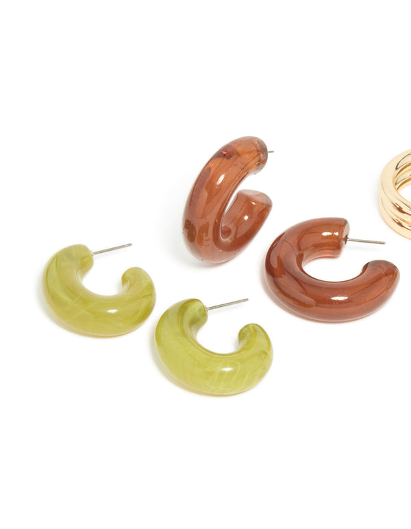 Gold Green & Brown Enamel Open Hoop Earrings 3-Pack