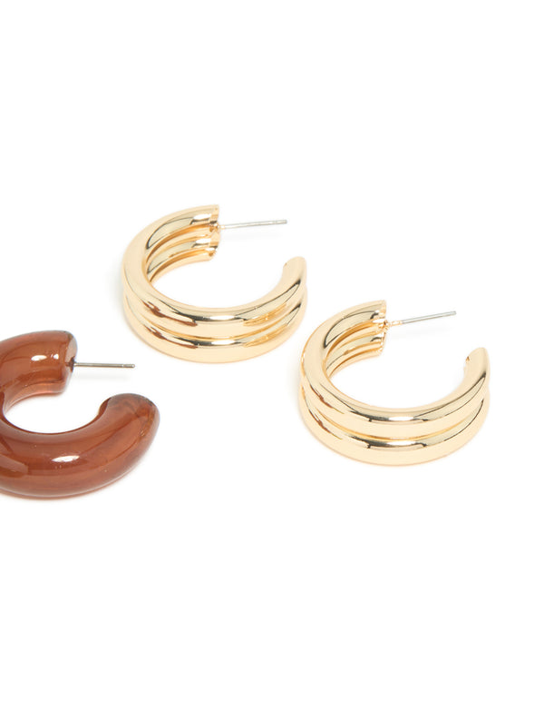Gold Green & Brown Enamel Open Hoop Earrings 3-Pack
