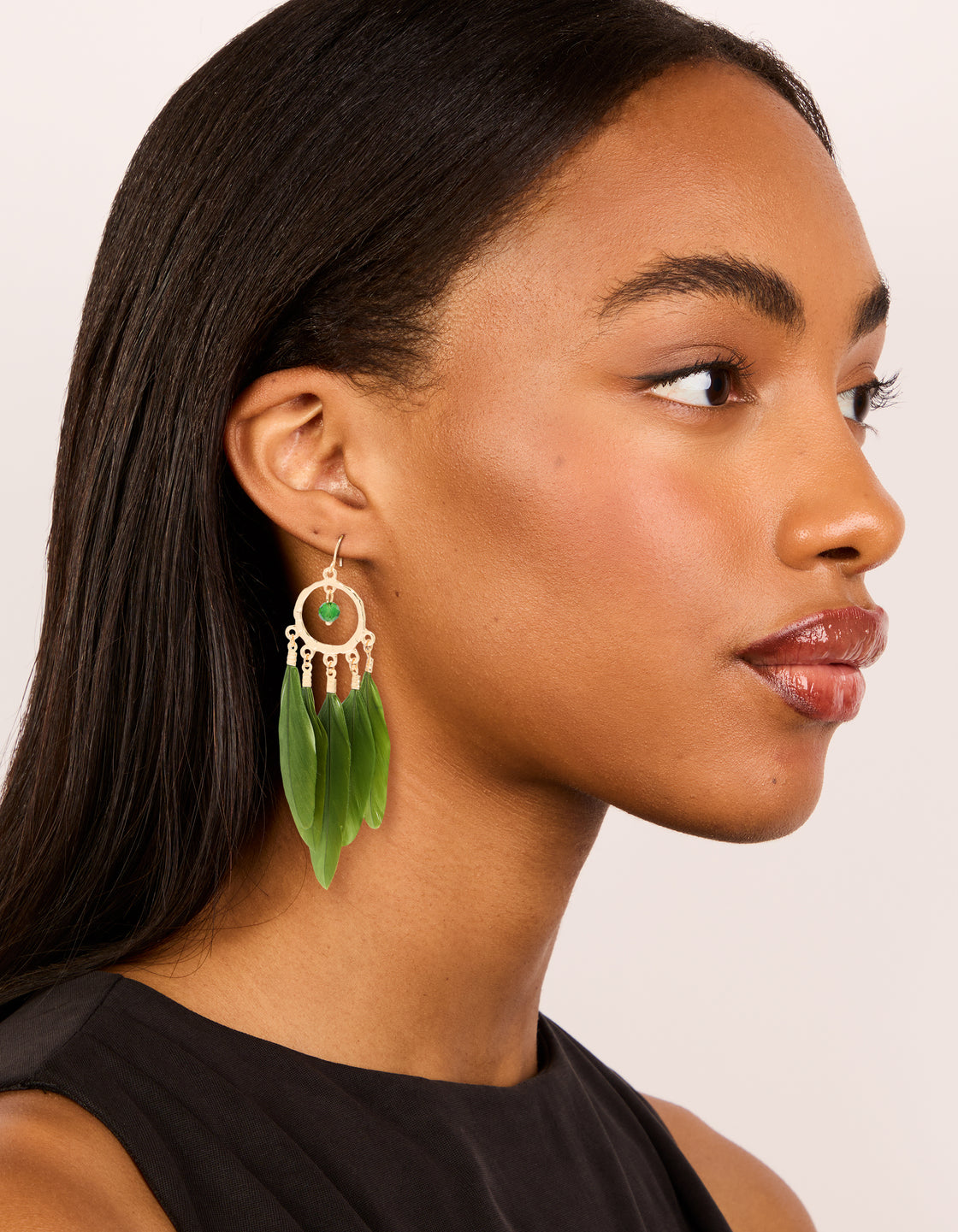 Gold Dreamcatcher & Dark Green Feather Earrings