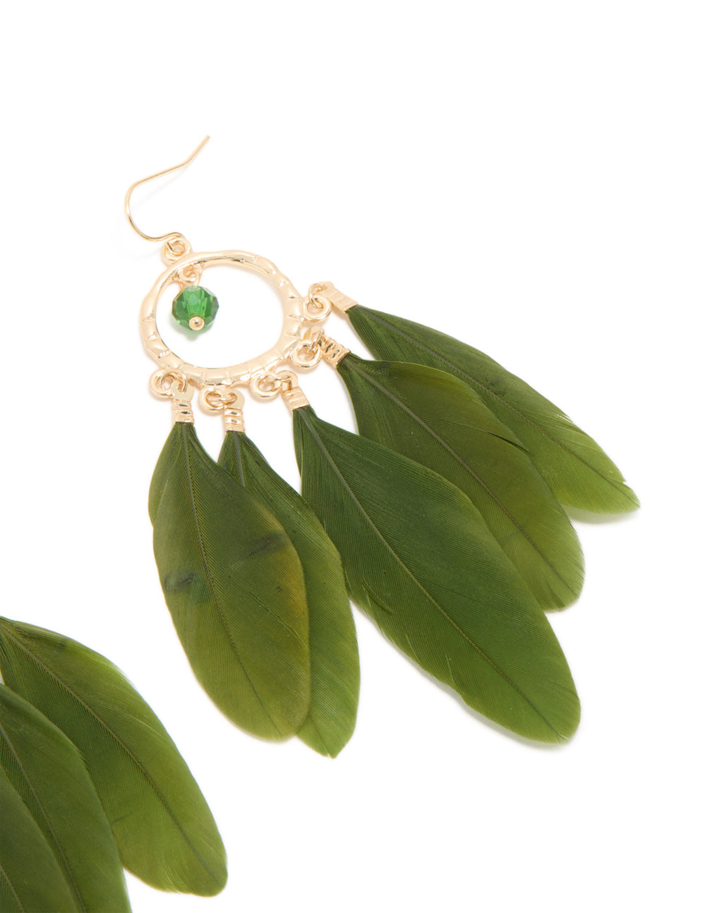 Gold Dreamcatcher & Dark Green Feather Earrings