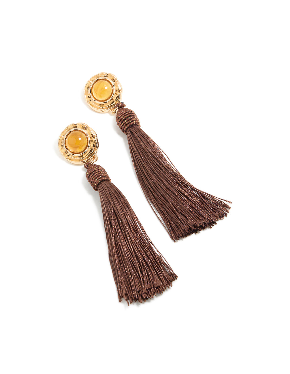 Gold Yellow Stone & Brown Knotted Tassel Drop Earrings