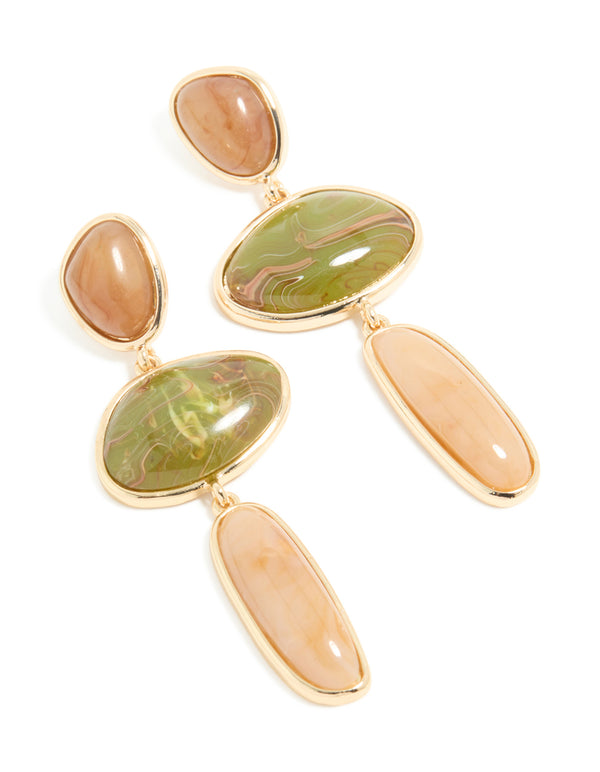 Gold Brown & Green stone Mixed Shape Drop Earrings