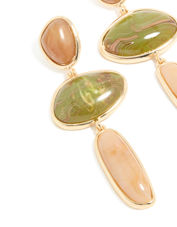 Gold Brown & Green stone Mixed Shape Drop Earrings
