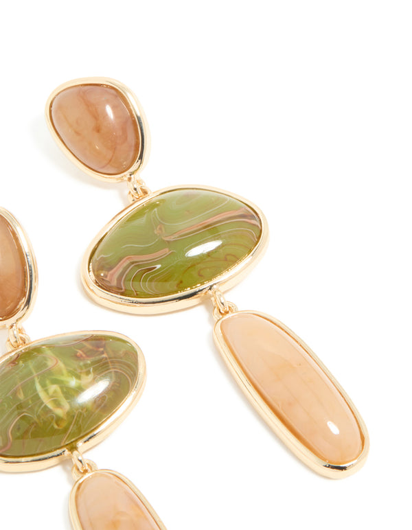 Gold Brown & Green stone Mixed Shape Drop Earrings