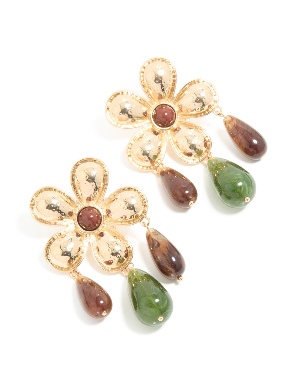 Gold Flower Brown & Green Beaded Statement Earrings