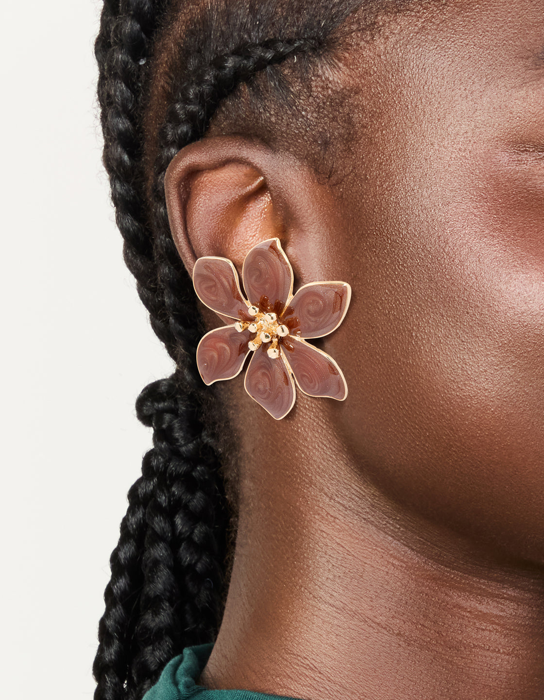 Gold Brown Enamel Swirl Statement Flower Stud Earrings
