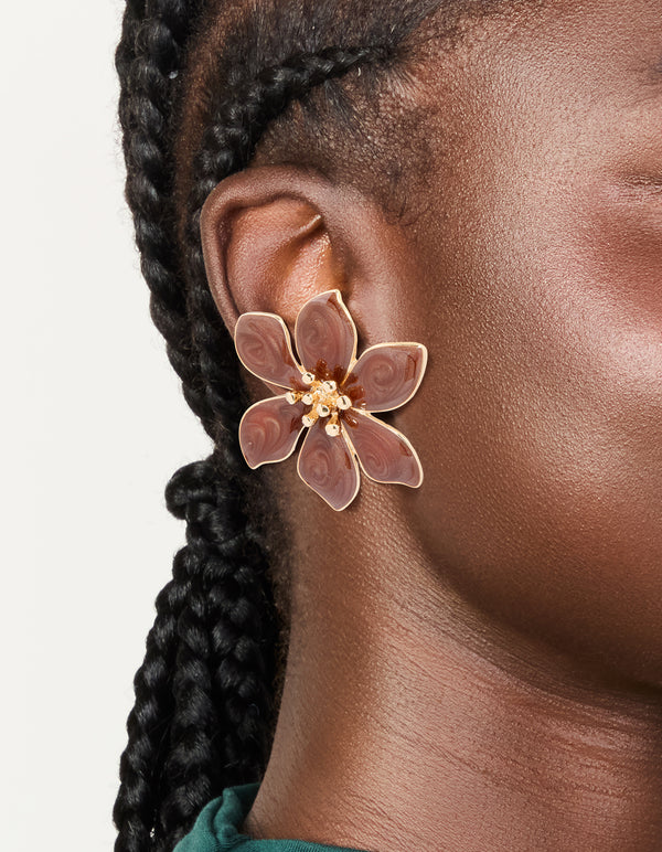 Gold Brown Enamel Swirl Statement Flower Stud Earrings