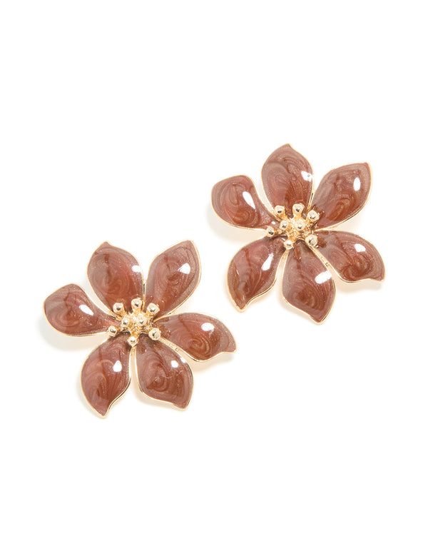 Gold Brown Enamel Swirl Statement Flower Stud Earrings