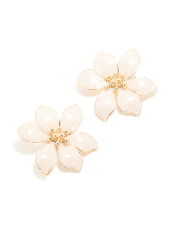 Gold Cream Enamel Swirl Statement Flower Stud Earrings