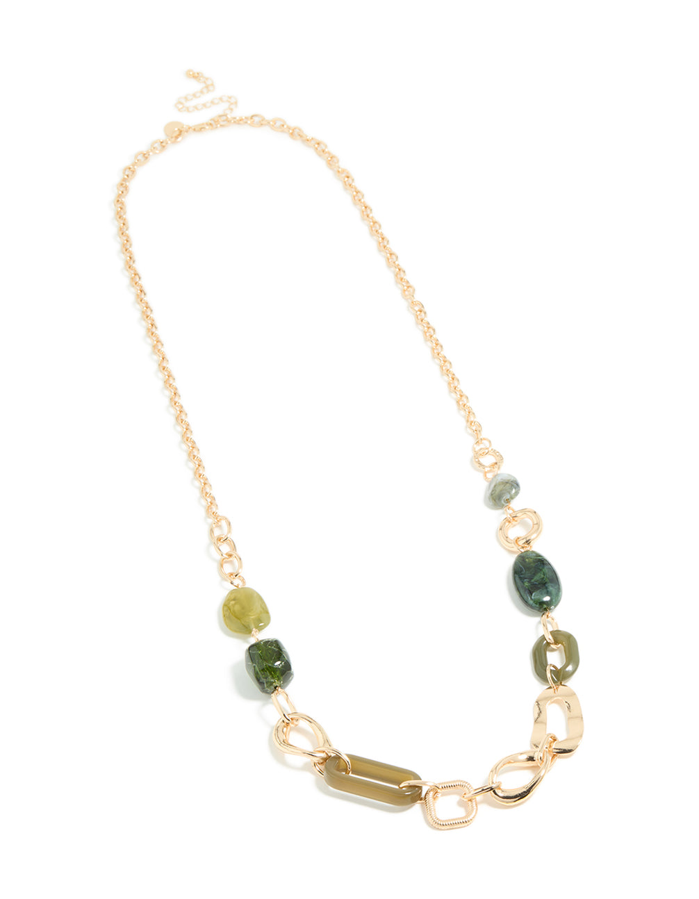 Gold Long Green Beaded & Link Necklace