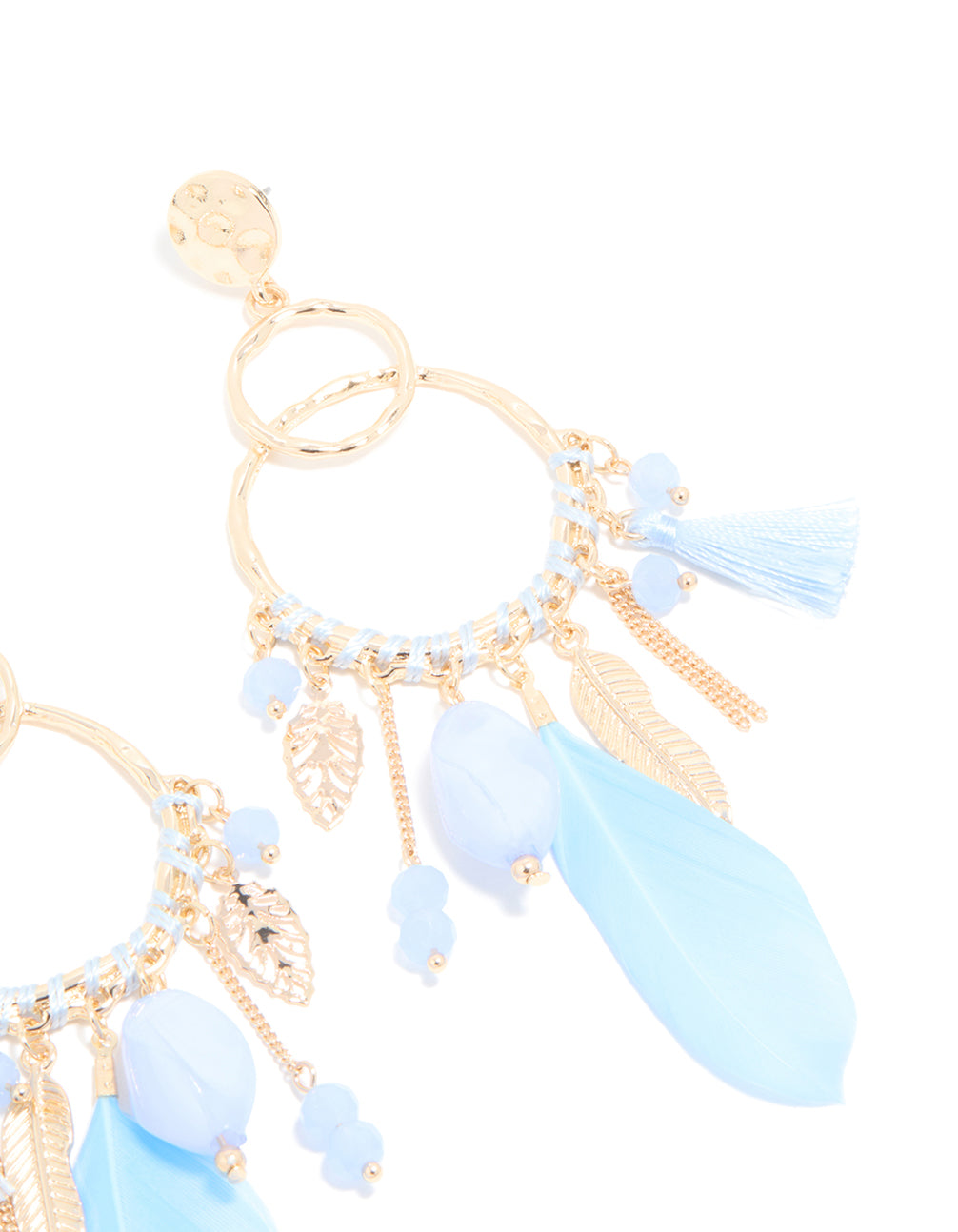 Gold Blue Beaded Leaf & Feathers Boho Earrings