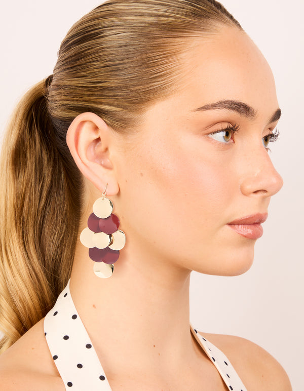 Gold & Burgundy Layered Disc Drop Earrings
