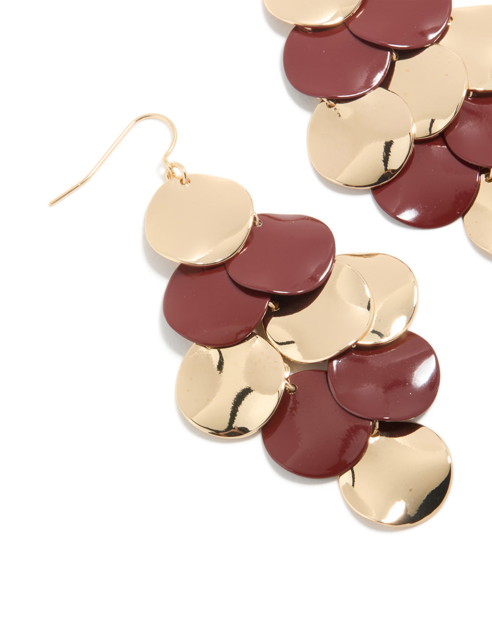 Gold & Burgundy Layered Disc Drop Earrings