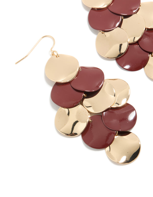 Gold & Burgundy Layered Disc Drop Earrings
