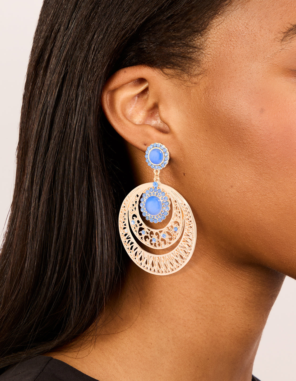 Gold Light Blue Stone & Diamante Detailed Boho Drop Earrings