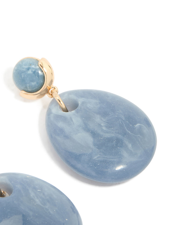 Gold Blue Beaded Teardrop Drop Earrings