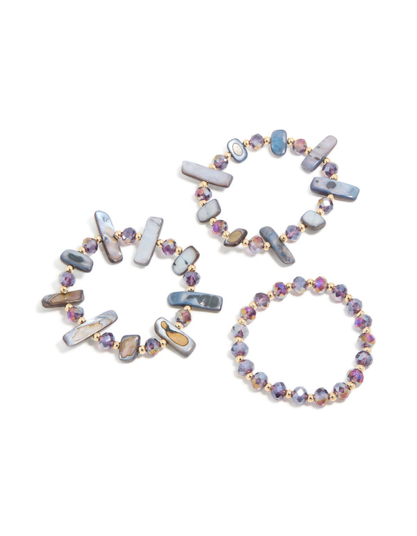 Gold Purple & Blue Beaded Stretch Bracelets 3-Pack