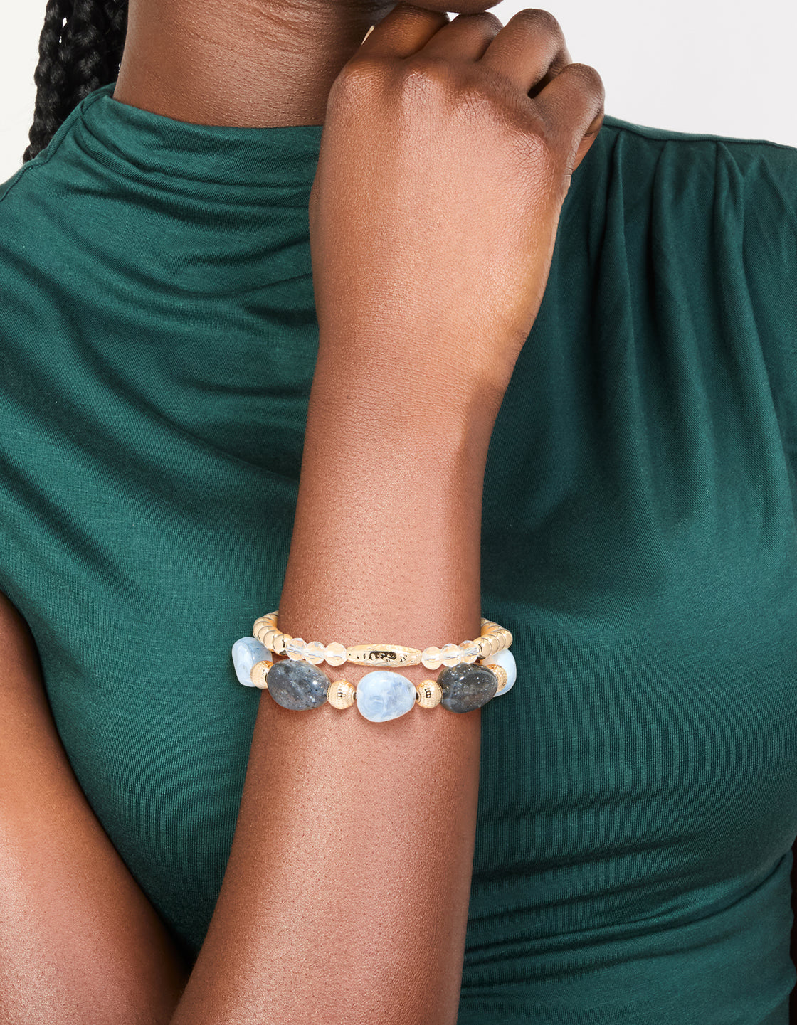 Gold and Blue Beaded Stretch Bracelets 2-Pack