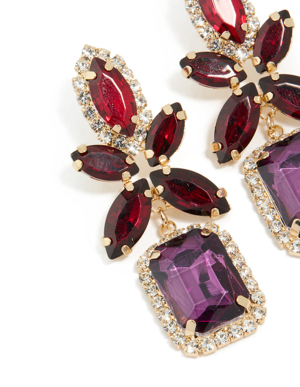 Gold Red & Purple Diamante Flower Square Drop Earrings