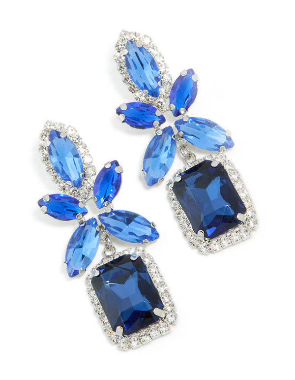 Elegant silver blue diamante square flower drop earrings featuring floral design front view