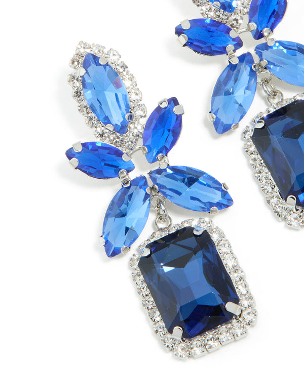 Beautiful silver blue diamante square flower drop earrings featuring floral elements detail