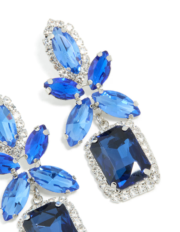 Beautiful silver blue diamante square flower drop earrings featuring floral elements detail