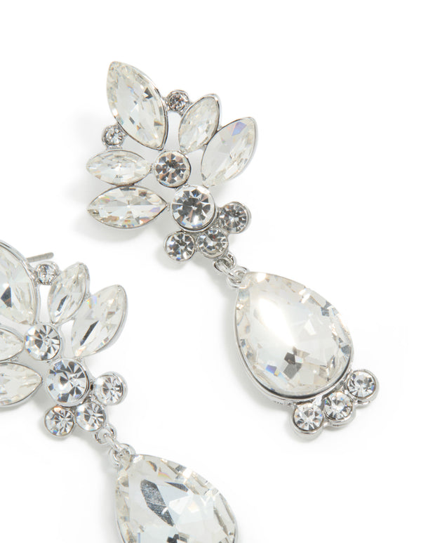 Designed with silver diamante floral and single drop earrings in white detail