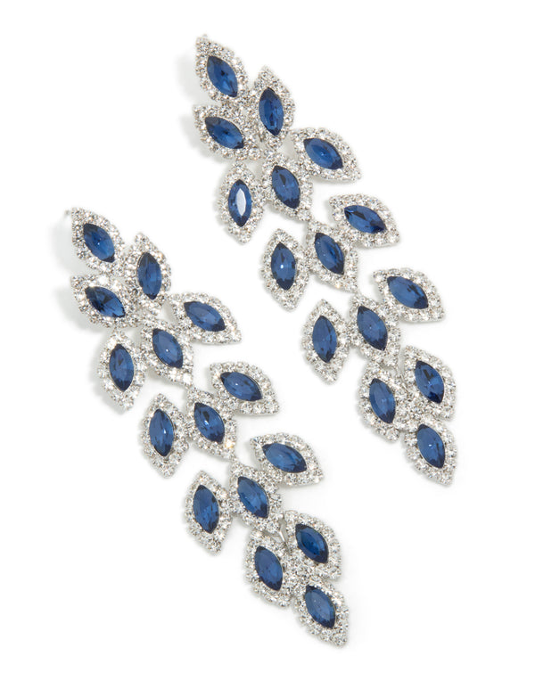 Elegant statement drop earrings featuring royal blue diamantes in pear cut crafted from silver front view