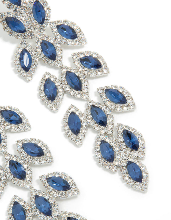 Silver Blue Diamantes Gleaming Pears Drop Earrings