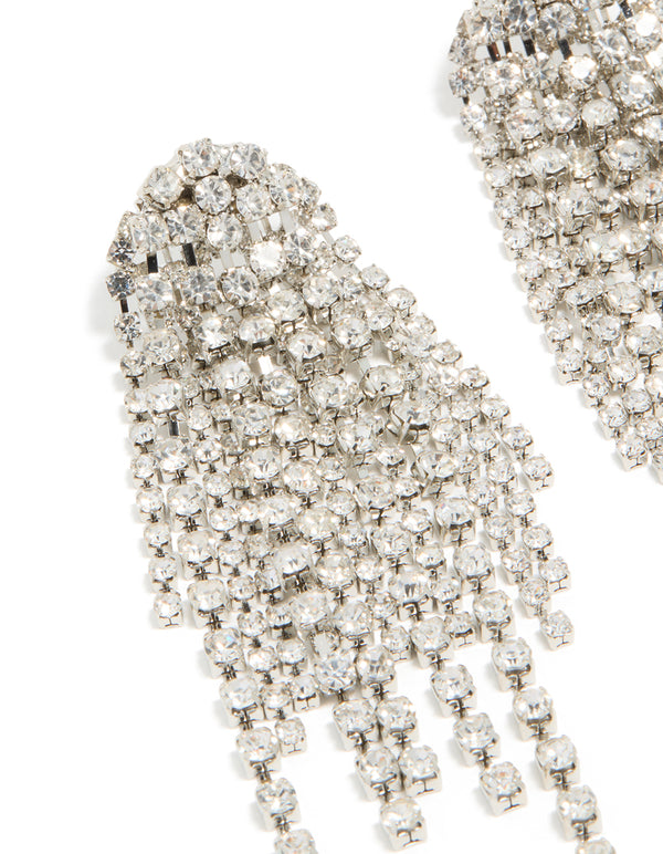 Designed with silver diamante dazzle tassel drop earrings featuring statement style close up view