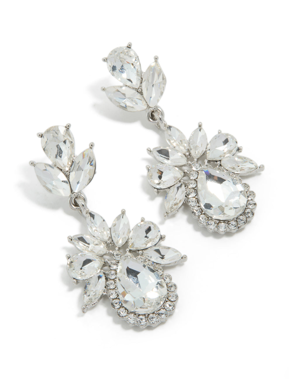 Discover stunning silver diamante mini floral drop earrings front view