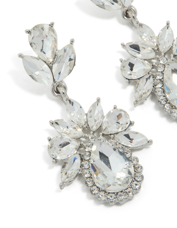 Beautifully crafted silver diamante mini floral drop earrings close up view