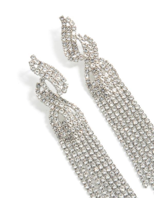 Designed with silver diamante open curve drop earrings and tassel strands close up view