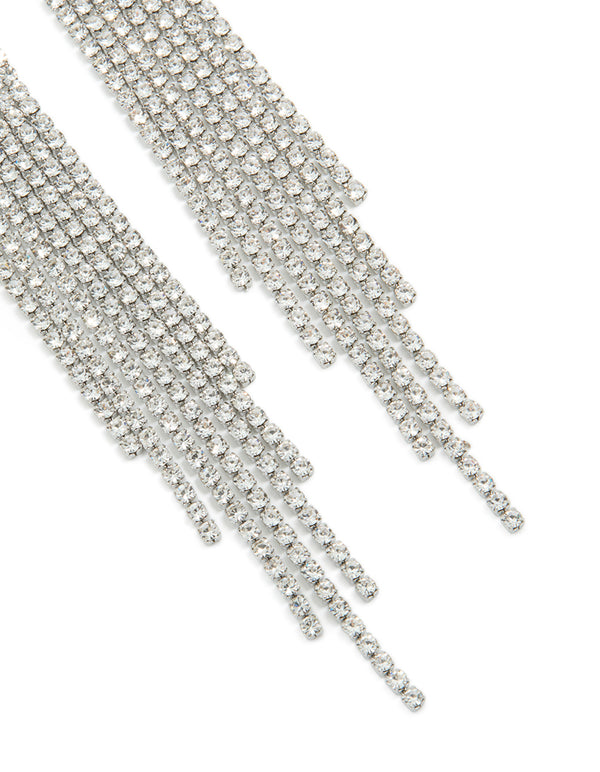 Featuring silver diamante open curve drop earrings with cascading tassel details post detail view