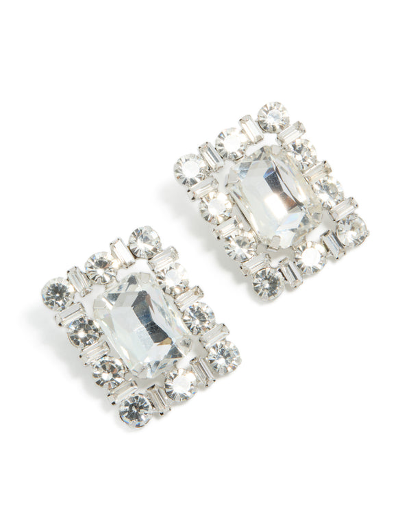 Elegant silver diamante fancy square stud earrings front view