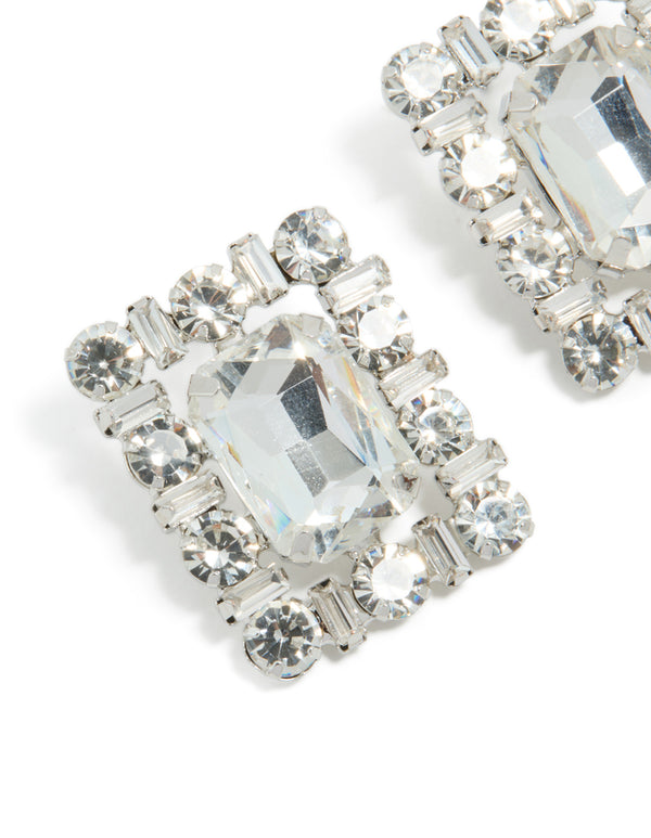 Detailed view of silver diamante fancy square stud earrings highlighting intricate gemstone settings close up view