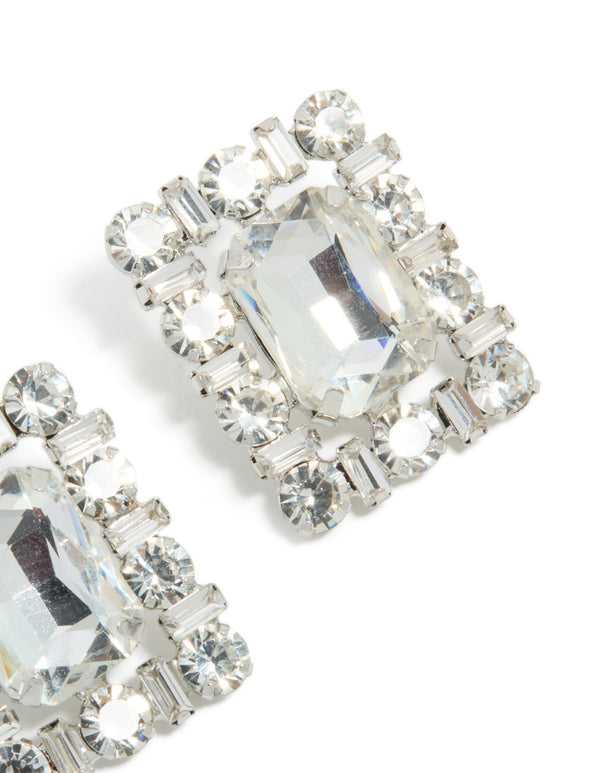 Crafted silver diamante fancy square stud earrings showcasing central stone and surrounding crystals post detail view