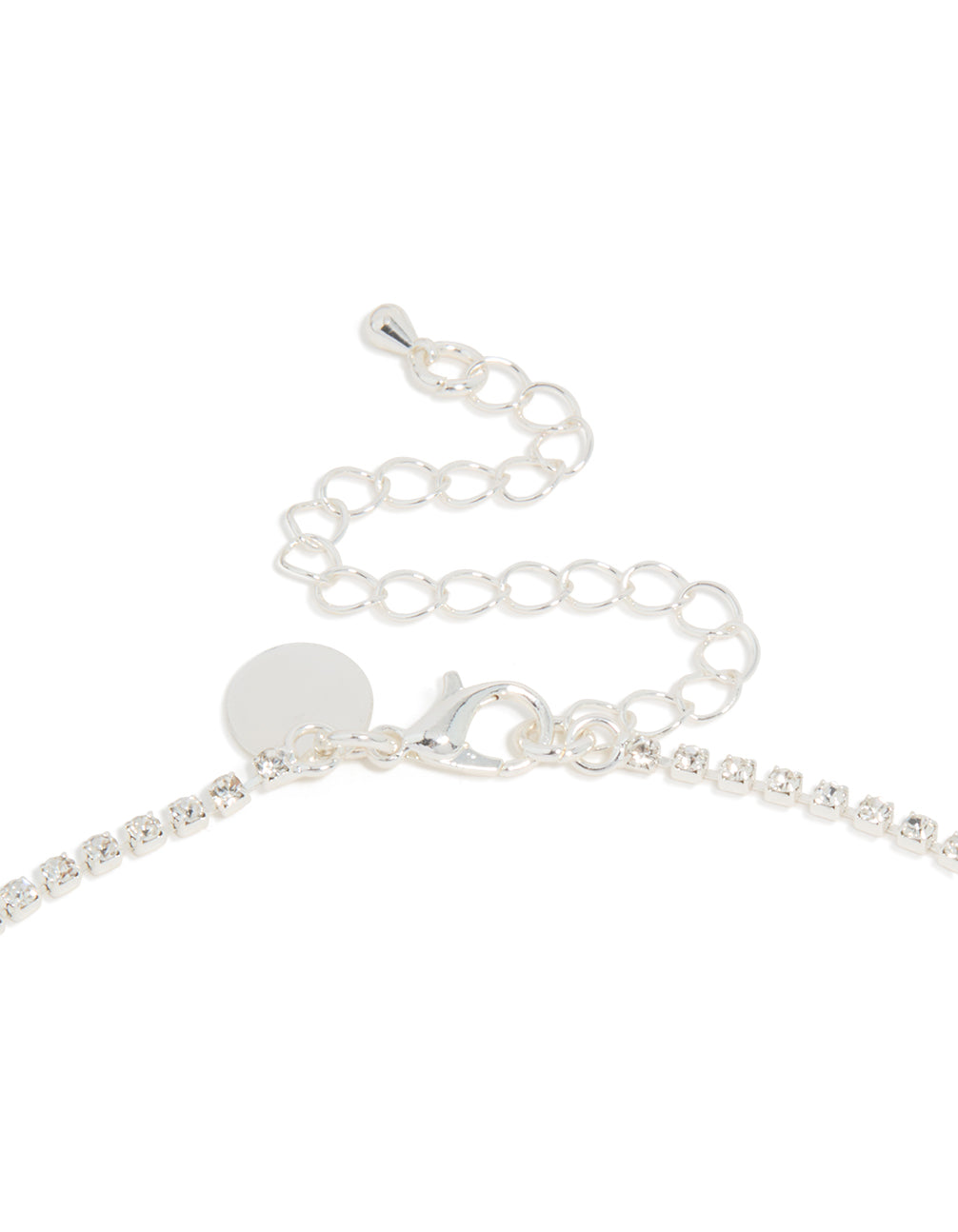 Displaying a silver diamante dazzling split row necklace in statement style clasp detail view