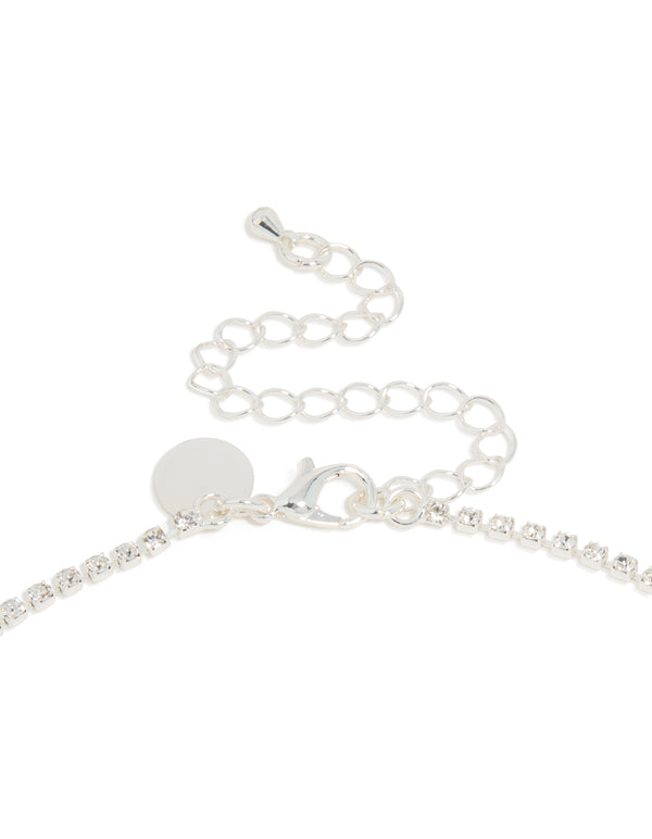 Displaying a silver diamante dazzling split row necklace in statement style clasp detail view