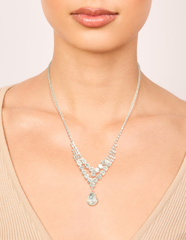 Silver Diamante Dazzling Split Row Necklace