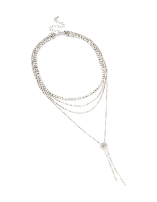 Showcasing a silver diamante tennis and toggle layered necklace with statement design front view
