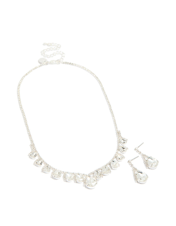 Silver Multi Diamante Necklace & Drop Earrings Set